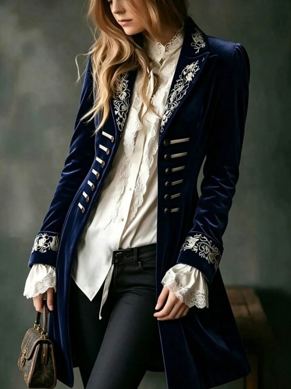 Navy Blue Elegant Victorian Women's Royal Velvet Coat with Floral Embroidery - Picture 3 of 3